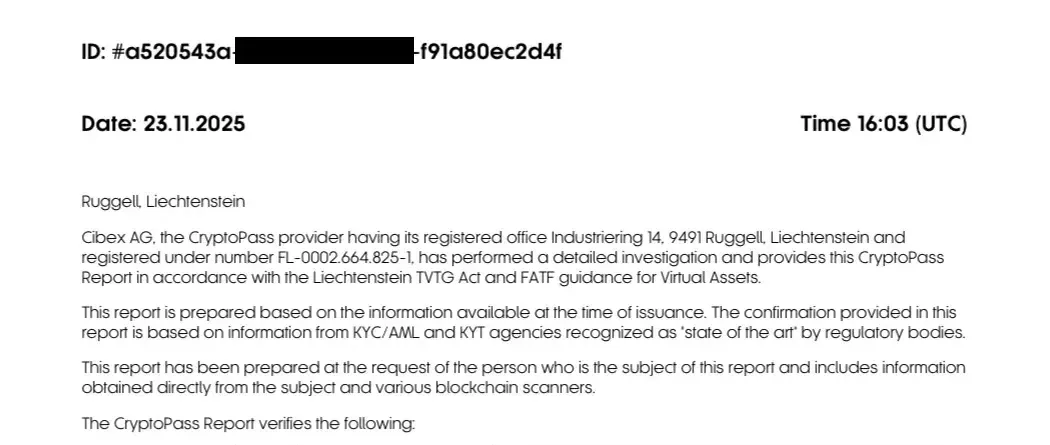 Excerpt of a real CryptoPass Report: report ID, issue date, and the verification statements issued by Cibex AG, with personal data redacted