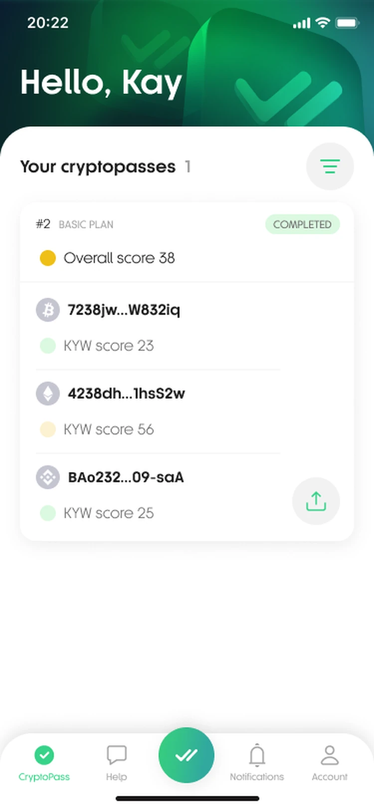 CryptoPass home screen: a completed multi-wallet certificate with an overall KYW score and per-wallet risk scores