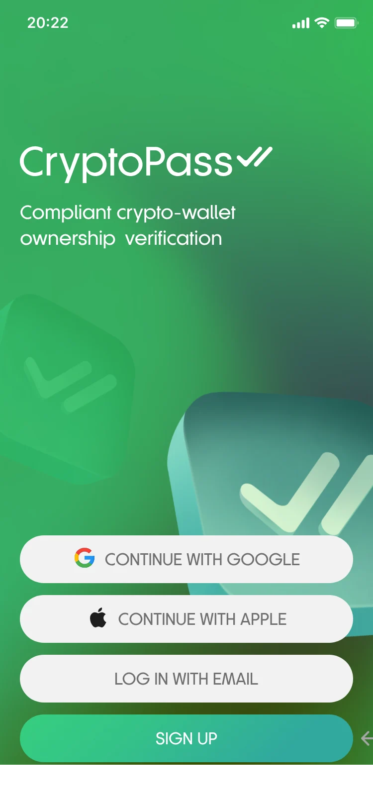 CryptoPass app onboarding screen: compliant crypto-wallet ownership verification with sign-in options