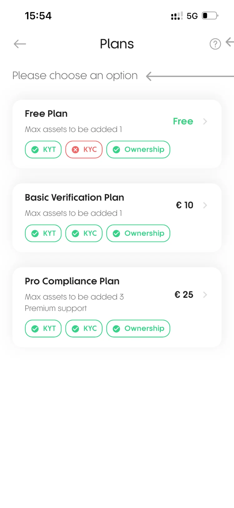 CryptoPass plan selection: Free EUR 0, Basic Verification EUR 10, Pro Compliance EUR 25 with KYT, KYC and ownership checks