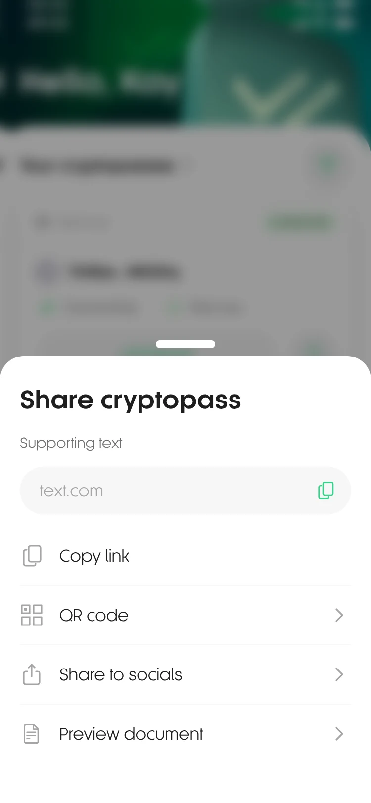 CryptoPass share sheet: copy link, QR code, share to socials, and document preview for a finished certificate