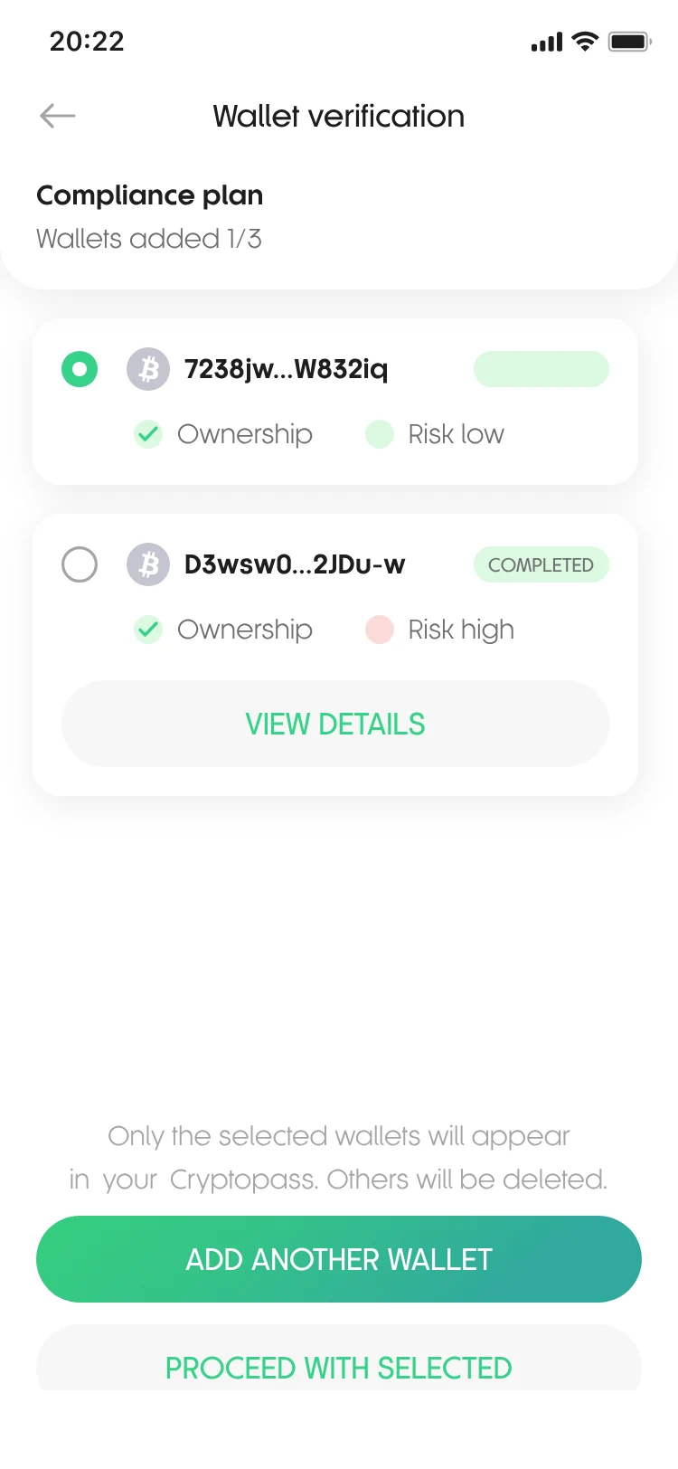 CryptoPass wallet verification screen: wallets added to a compliance plan with per-wallet risk results